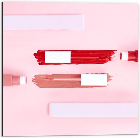 Dibond - Roze en Rode Liquid Lipstick - 50x50cm Foto op Aluminium (Wanddecoratie van metaal)