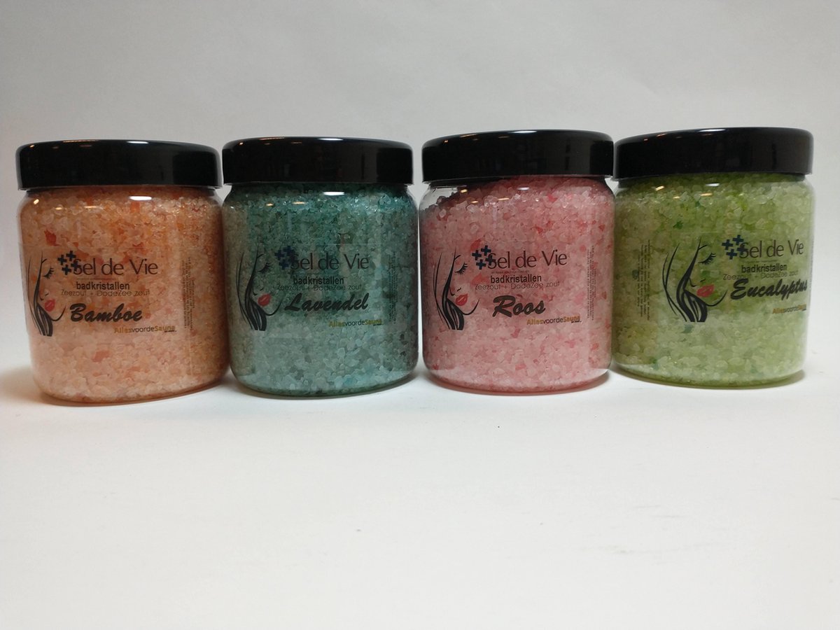 Badzoutkristallen pakket 4 x 600gr uit  zeezout en dode zee zout. Eucalyptus, Lavendel, Bamboe en Roos - Sel de Vie