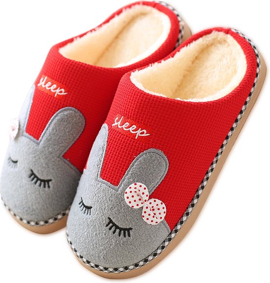 Geweo Home Sloffen - Pantoffels - Open Sloffen - Paashaas Instap Sloffen - Wollen Pantoffels - Antislip - Kerstmis - Kerstfeest - Christmas Gift - Dames - Rood - Maat 37/38