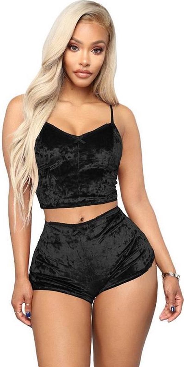 Goedkoopste Zwart velours setje met mouwloze top en short | Maat 40/42 | Sexy lingerie setje