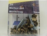 Studs / Holnieten, 9mm, Oud Messing, 24 stuks, met gereedschap, Per Doosje.