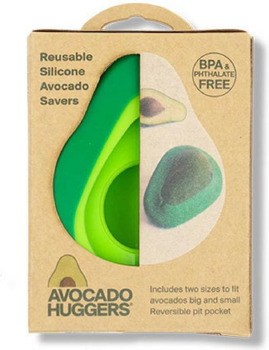 Verpakking van de Avocado Huggers, met een groene en een lichtere groene avocado-vormige bewaardoos zichtbaar.