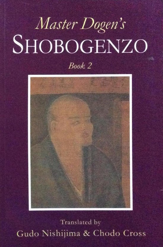 De paarse omslag van "Master Dogen's Shobogenzo, Book 2", vertaald door Gudo Nishijima & Chodo Cross. Centraal een schilderij van een boeddhistische monnik.