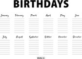 Poster Birthdays Calendar - 30x40 cm Met Fotolijst - Kalender Poster - Ingelijst - WALLLL