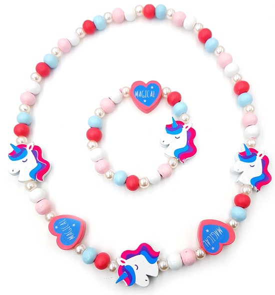 Collier et bracelet enfant pour fille perles en bois rose et bleu licorne  et coeurs | bol.com