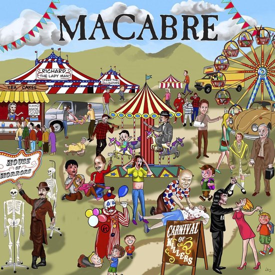 Illustratie van een macaber kermis. Personages, tenten, attracties en een monsterlijke auto.