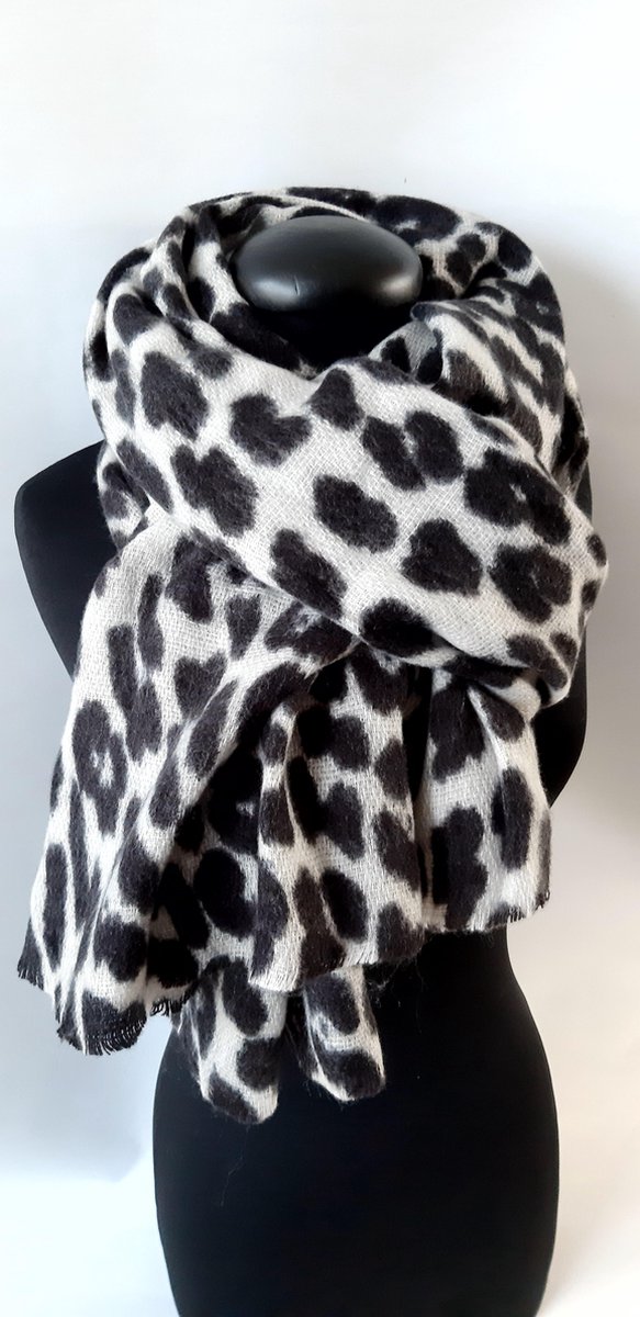 Zachte acryl winter sjaal luipaard print zwart grijswit - 90 x 200 cm