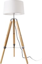 Staande lamp - Vloerlamp - Stof & metaal - Wit & houtkleurig - Fitting 1 x E27 - Lampenkap (HxØ) 25 x 40~45 cm - Afmeting (H) 145 cm