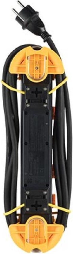 Perel Stekkerdoos, 4 klapdeksels, 4 stopcontacten met penaarde (type E), kabelgleuf, haak, kabel 3 m, 3G1.5, voor binnen en buiten, zwart/geel