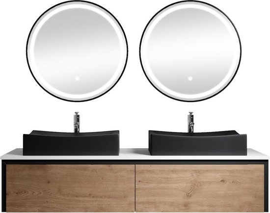 Badkamermeubel Navarro 160cm met LED spiegels - Hoogglans wit met hout |  bol.com