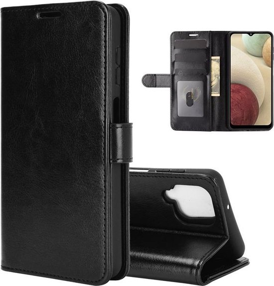 Étui portefeuille noir, ouvert avec porte-cartes et support de téléphone, avec un gros plan de l'arrière et du téléphone.