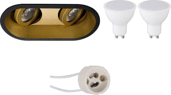 LED Spot Set - Pragmi Zano Pro - GU10 Fitting - Dimbaar - Inbouw Ovaal Dubbel - Mat Zwart/Goud - 6W - Natuurlijk Wit 4200K - Kantelbaar - 185x93mm