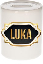 Luka naam cadeau spaarpot met gouden embleem - kado verjaardag/ vaderdag/ pensioen/ geslaagd/ bedankt