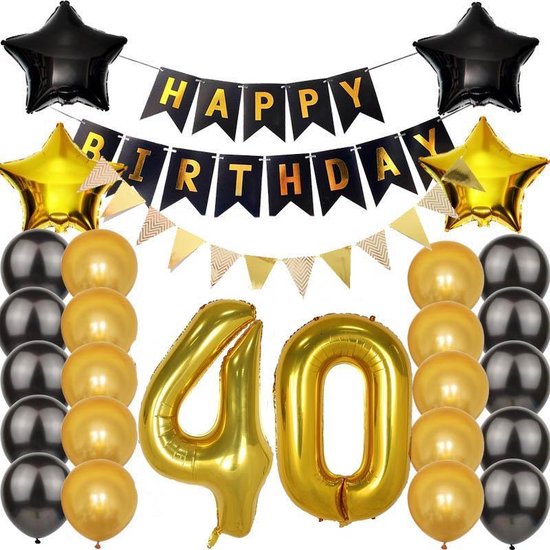 Verjaardag 40 Jaar | Feest | Jubileum | Feestversiering | Verjaardag Vieren | Verjaardagspakket | Happy Birthday Versiering | Ballonnen, Opblaasartikelen, Sterren & Stickers |Zwart & Goud