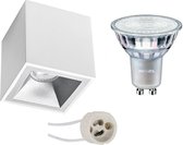 Opbouwspot Set - Pragmi Cliron Pro - GU10 Fitting - Opbouw Vierkant - Mat Wit/Zilver - Verdiept - 90mm - Philips - MASTER 927 36D VLE - 4.9W - Warm Wit 2200K-2700K - DimTone Dimbaar - BSE