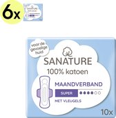 Sanature 100% Katoenen Maandverband Super met vleugels 6 x 10 stuks