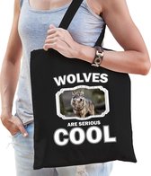 Dieren wolf  katoenen tasje volw + kind zwart - wolfs are cool boodschappentas/ gymtas / sporttas - cadeau wolven fan