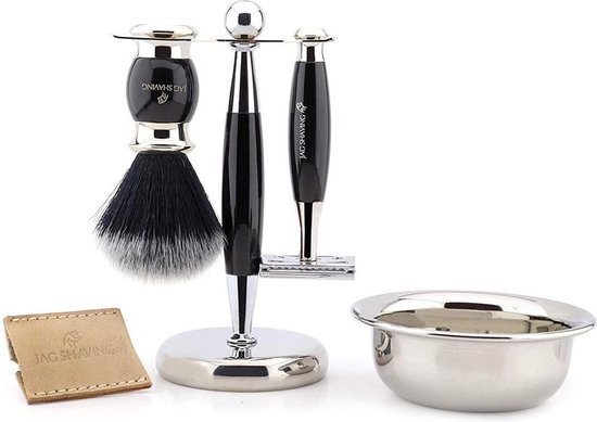Foto: Heren scheerset dubbel rand veiligheidsscheermes met leer zakje zwart zilver tip origineel scheerkwast staan en kom perfecte cadeau set voor heren men shaving set 