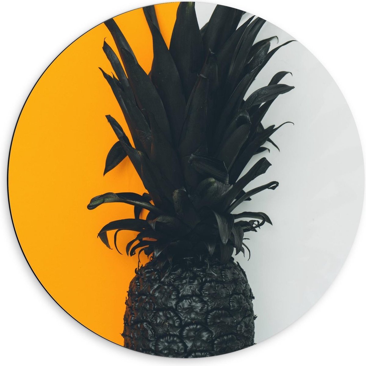 Dibond Wandcirkel - Zwarte Ananas met Gele/Witte Achtergrond - 60x60cm Foto op Aluminium Wandcirkel (met ophangsysteem)