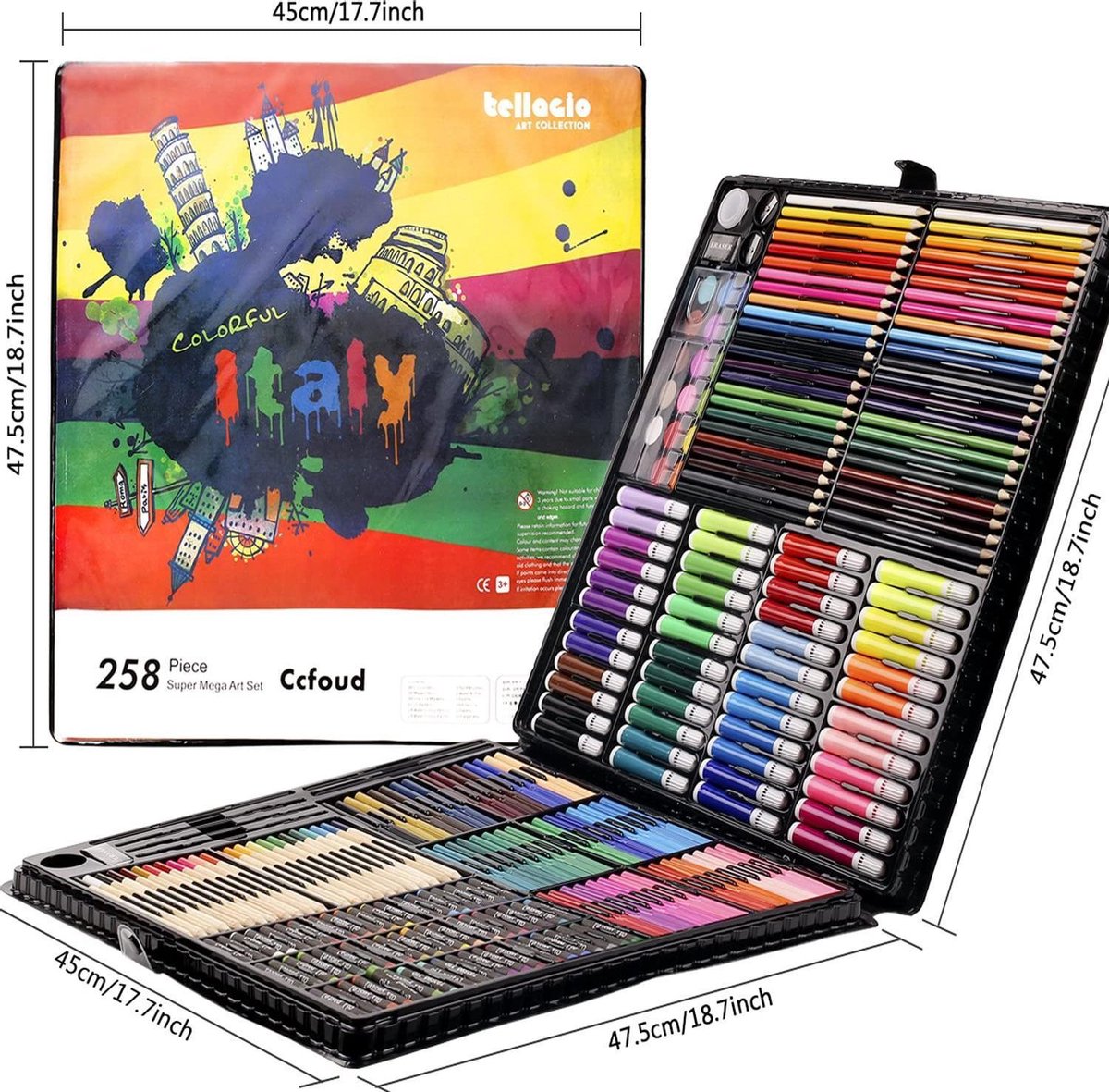 MIAOKE 145 TLG Verfset, Verfdoos, Luxe Mega Aluminium Doos & Tekenpakket Met Kleurpotloden, Stiften, Acrylverf, Waskrijtjes, Hb Pennen, Aquarelcake, Penseel, Schetsblok Voor 18 Vellen 8574081005