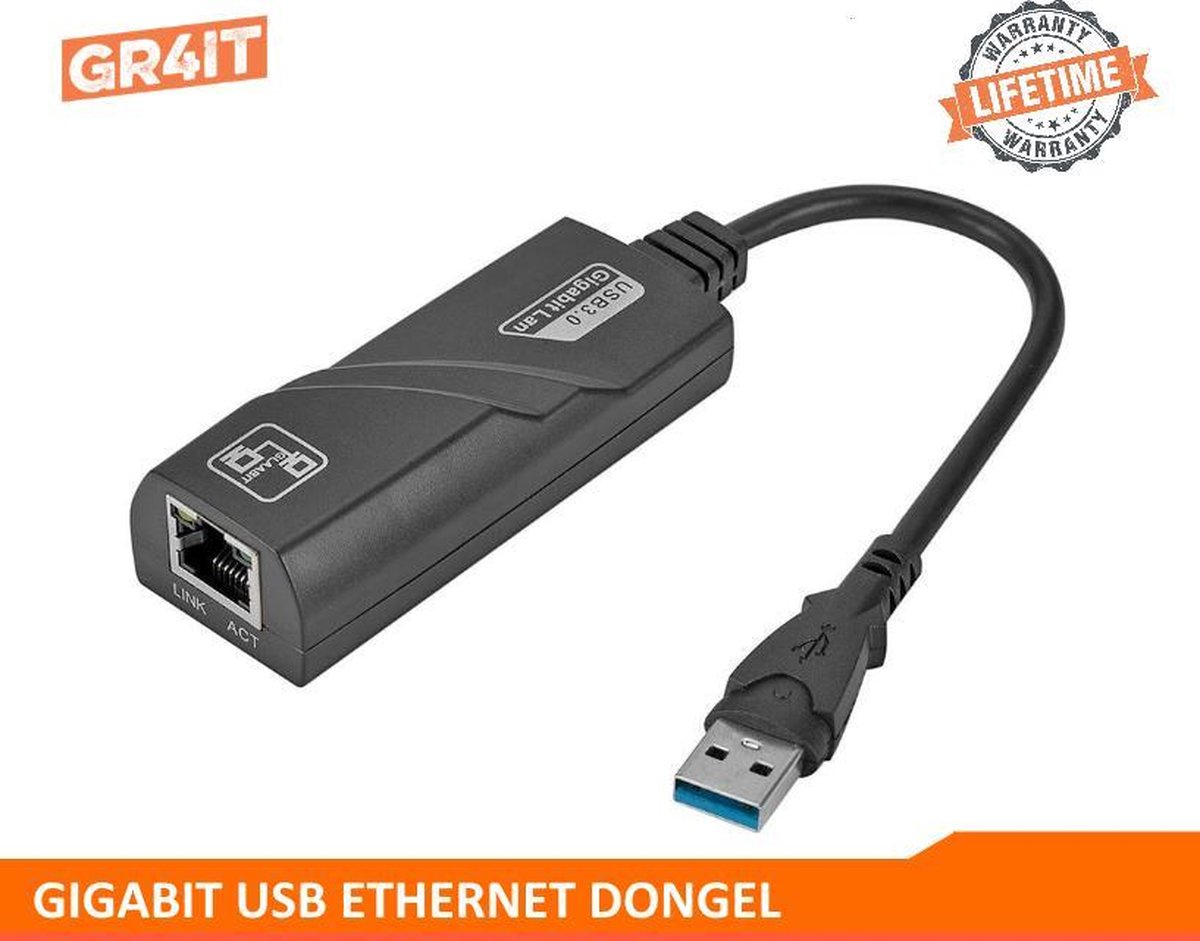 GR4IT ET1G - Gigabit USB 3.0 ethernet-adapter - Zwart - 1000 Mbps - Fast Gigabit Hub