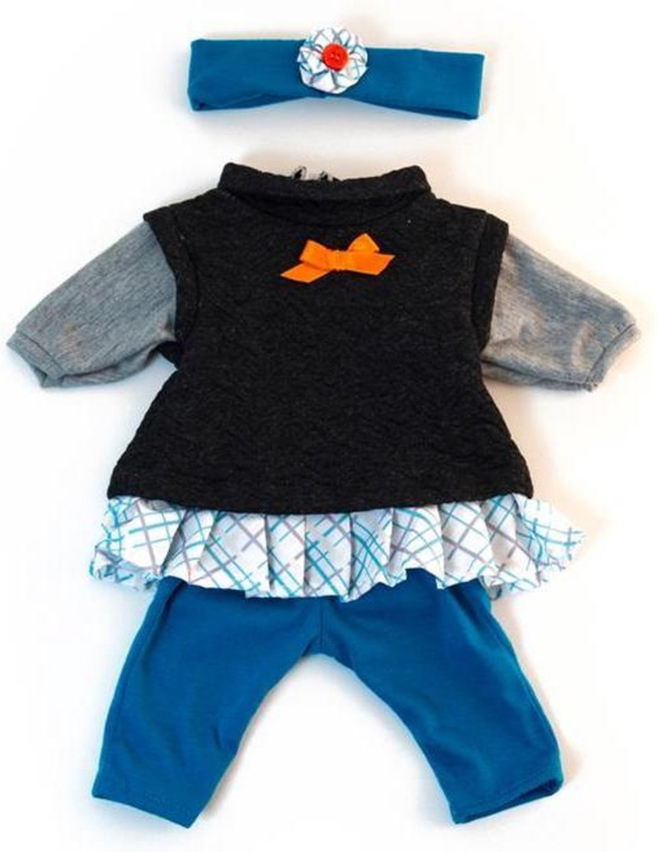 ML Poppen: KLEDIJ SET grijs voor meisje 38-40cm, 3-delig, broek, kleed, en  haarlint, in plastic zakje met kapstok, 3+