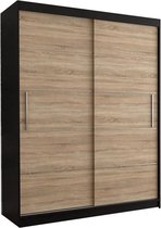E-MEUBILAIR Zweefdeurkast Kledingkast Garderobekast met planken en kledingstang - 150x61x200 cm (BxDxH) - LARA 06 (Zwart+Sonoma)