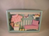Houten 3D kinderkamer schilderij, 3D schilderijtje met ligbank, fotolijstje