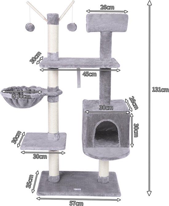 MC Star Grote Krabpaal 131cm - Cat Tree Play Towers - Lichtgrijs, 131cm - Merkloos