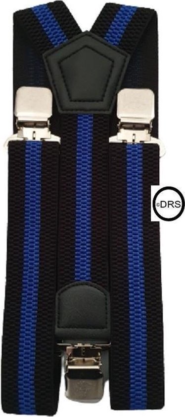 Bretelles Zwart avec bande Blauw - Avec pince extra robuste, solide et large du spécialiste de la ceinture