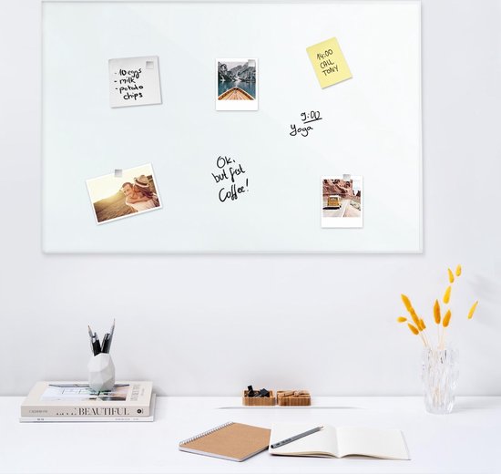 Magnetisch glasbord zuiver wit - 90 x 60 cm uitwisbaar - Notitie whiteboard voor Muur, Keuken, Kantoor - Inclusief markers en magneten - Navaris