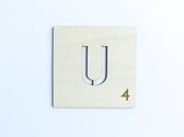 HOUTEN WANDDECORATIE / WOODEN WALL DECORATION - MUURDECORATIE / WALL ART - LETTER TEGEL U / TILE U - 11 x 11cm - LICHT HOUT / NATURAL WOOD - WOORDFEUD / WORDFEUD - LETTERSPEL - SPE