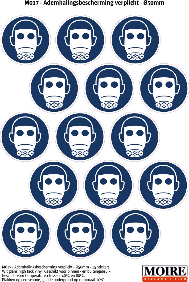 Pictogram sticker 75 stuks M017 - Ademhalingsbescherming verplicht - 50 x 50mm - 15 stickers op 1 vel