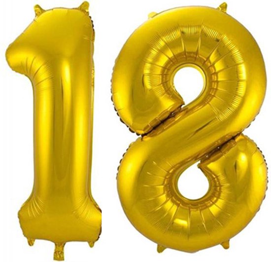 Folie ballon cijfer 18 jaar – 80 cm hoog – Goud - met gratis rietje – Feestversiering - Verjaardag
