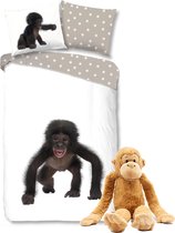 Good Morning Dekbedovertrek Aap met zachte apen knuffel 69 cm -kinder set, 140 x 220 cm, pluche slinger-aap speelgoed