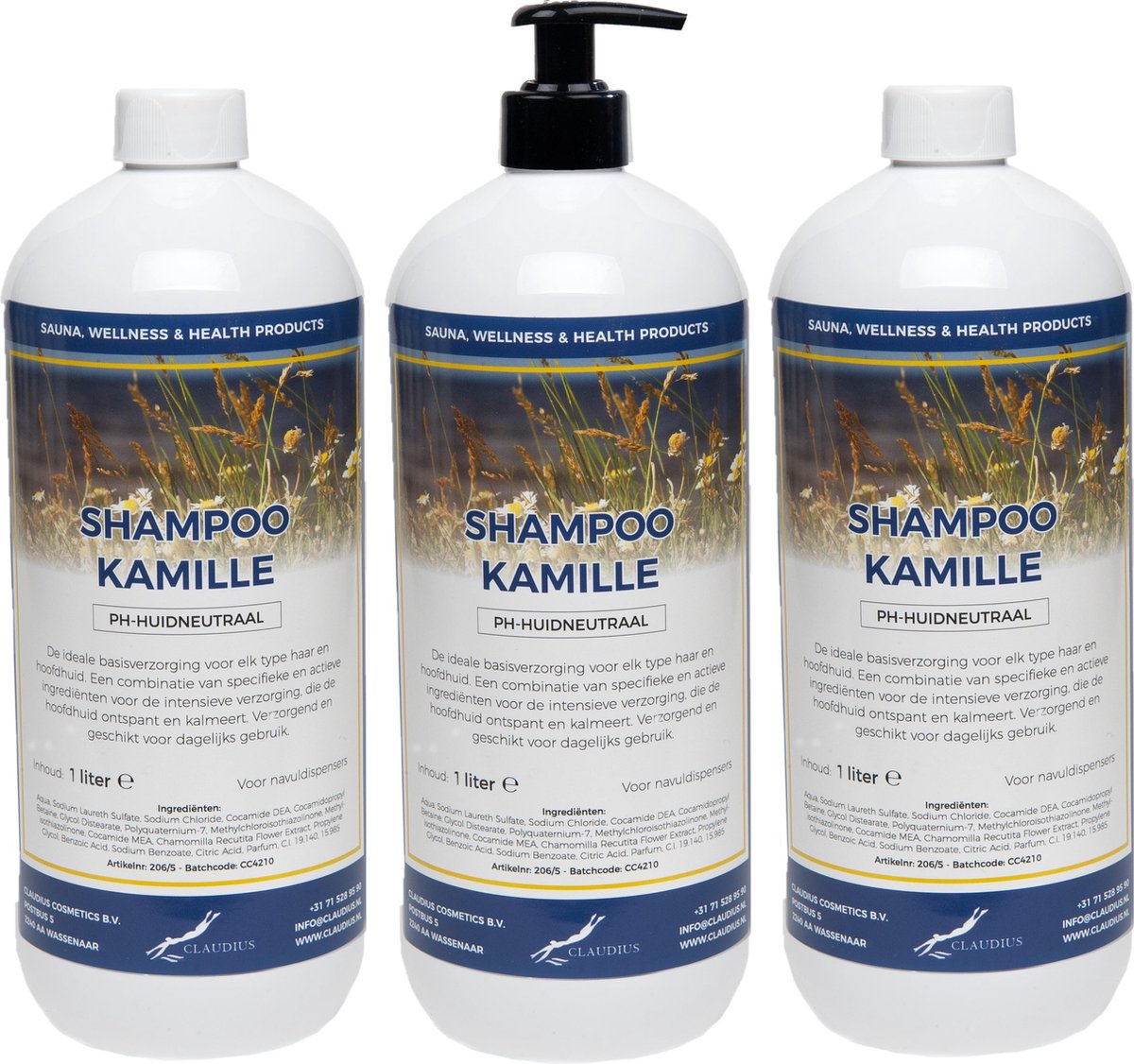 Shampoo Kamille - 1 Liter - set van 3 stuks - met gratis pomp