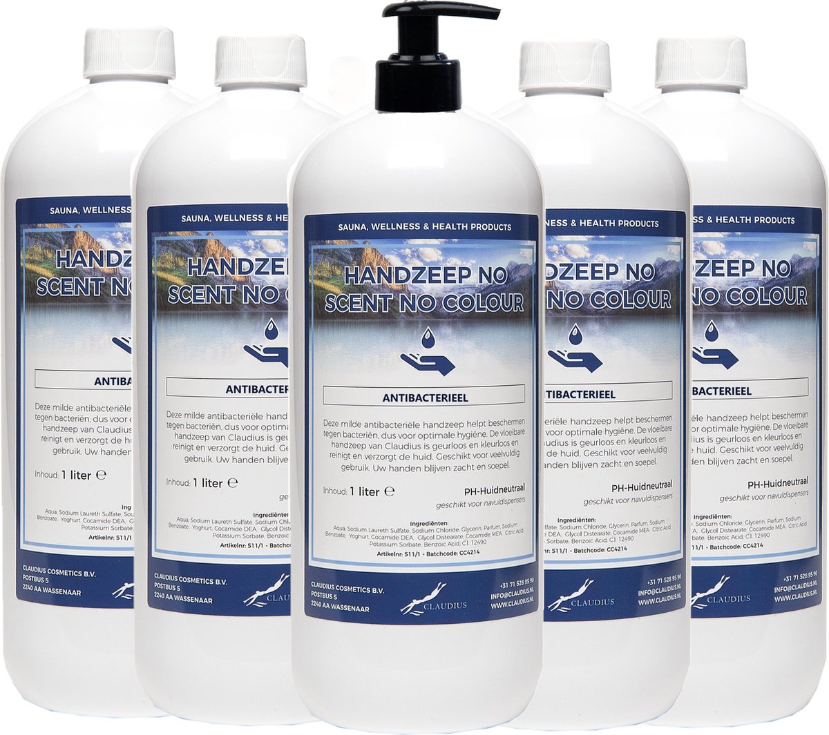 Goedkoopste Handzeep No Scent, No Colour 1 liter - met gratis pomp - set van 5 stuks - Voordeelverpakking