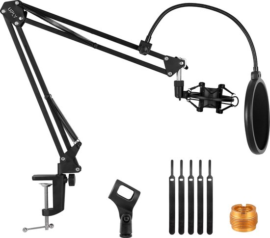 UPLY Microfoon Arm - Inclusief Popfilter en Shockmount - Zonder Microfoon - Boom Arm - Mic Stand - Statief - Opvouwbaar - 360 Graden - Zwart