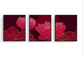 Poster Set 3 Rood Gouden Lotussen - 40x30cm/A3 - Planten / Bloemen - Muurdecoratie