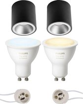 Pragmi Cliron Pro - Opbouw Rond - Mat Zwart/Zilver - Verdiept - Ø90mm - Philips Hue - Opbouwspot Set GU10 - White Ambiance - Bluetooth - BSE