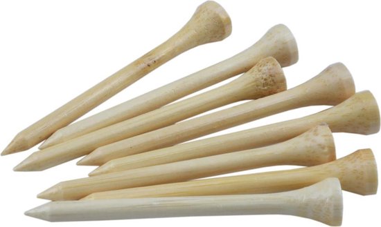 Een rij van 8 beige bamboe golftees, 70mm lang, met een lichte houtnerf.
