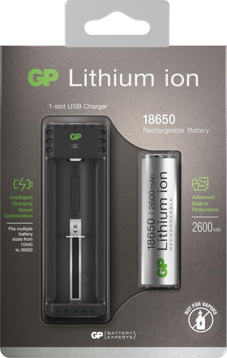 GP Batterijlader + 18650 Li-ion 2600 mAh Batterij
