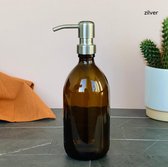 Groeikruid Zeeppompje | Zeepdispenser | 500 ml Amber glas | RVS pompkop | Zilver
