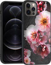 iMoshion Design voor de iPhone 12, iPhone 12 Pro hoesje - Bloem - Roze / Zwart