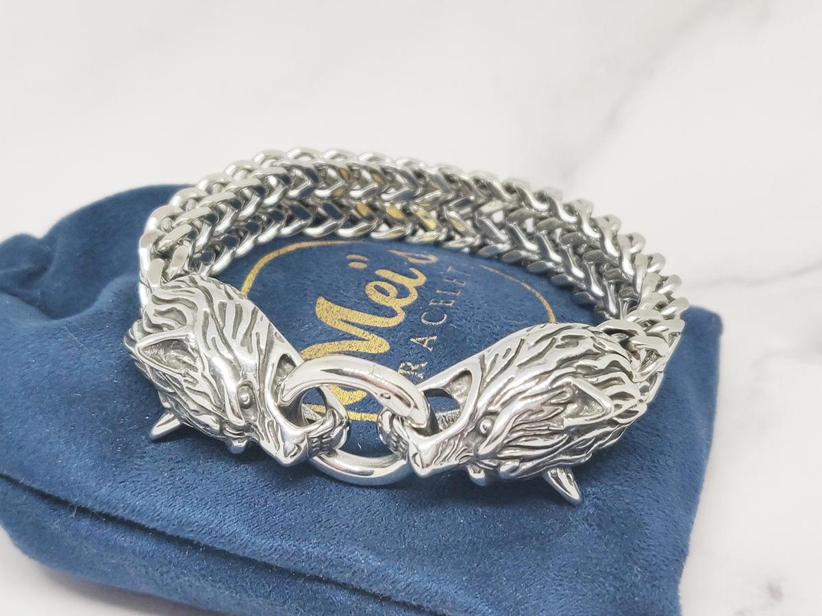 Mei's | Viking The Wolves armband | mannen armband / Viking sieraad | Stainless Steel / 316L Roestvrij Staal / Chirurgisch Staal | polsmaat 18 cm / zilver