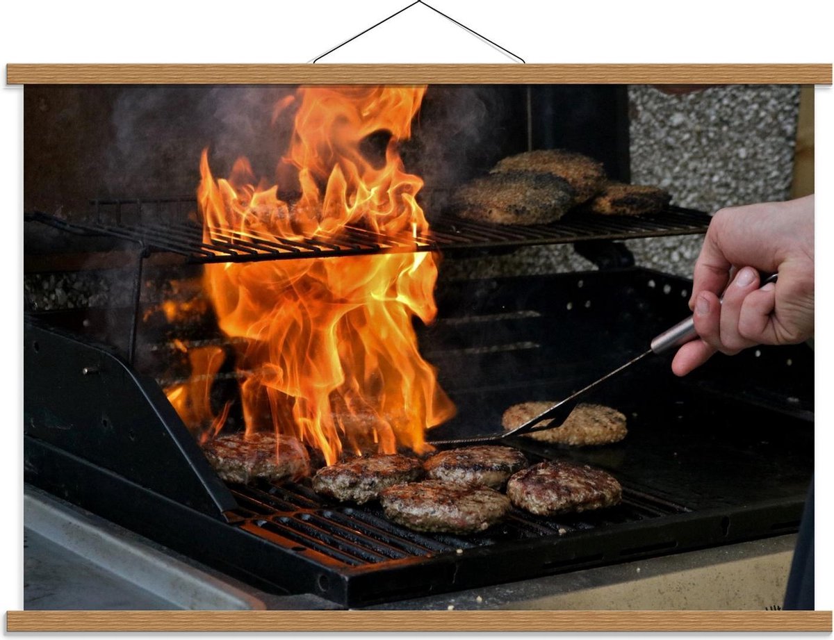 Schoolplaat – Burgers en Vuur op de Barbecue - 90x60cm Foto op Textielposter (Wanddecorati