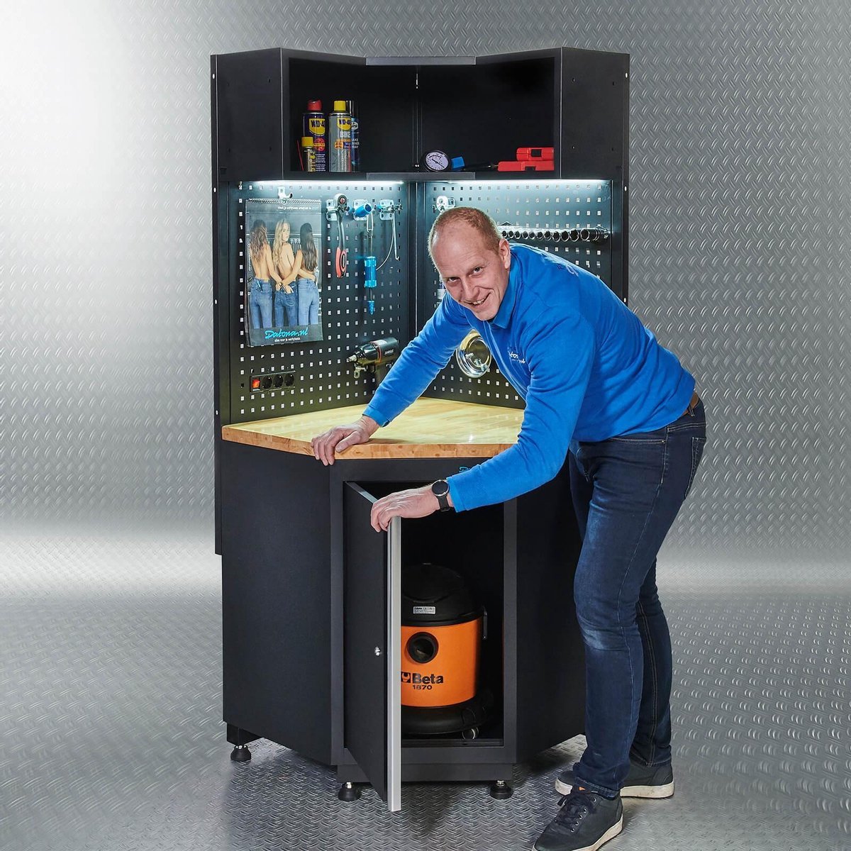 Datona® Werkplaatsinrichting PREMIUM hoekwerkbank met eiken werkblad - Zwart