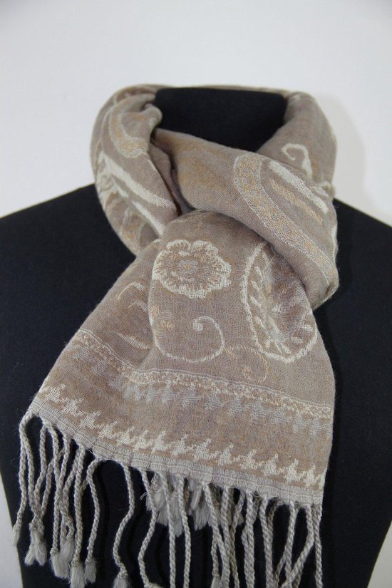 Boiled wol dames sjaal in licht beige met crème 30 x 160 cm