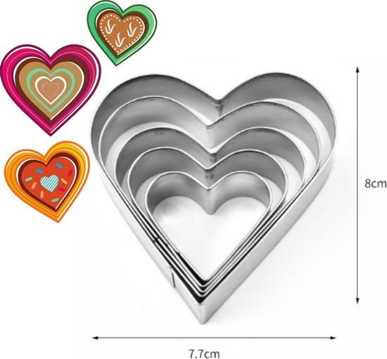set van 5  koekjes uitstekers - uitsteekvormpjes - rvs uitsteekvormen - koekjesvormen hartje - bakvormen - valentijnsdag