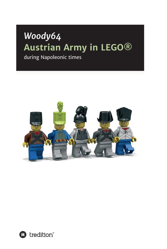 Cinq figurines LEGO en uniformes napoléoniens, dont deux avec de hauts chapeaux verts ou jaunes, les autres avec des chapeaux noirs.